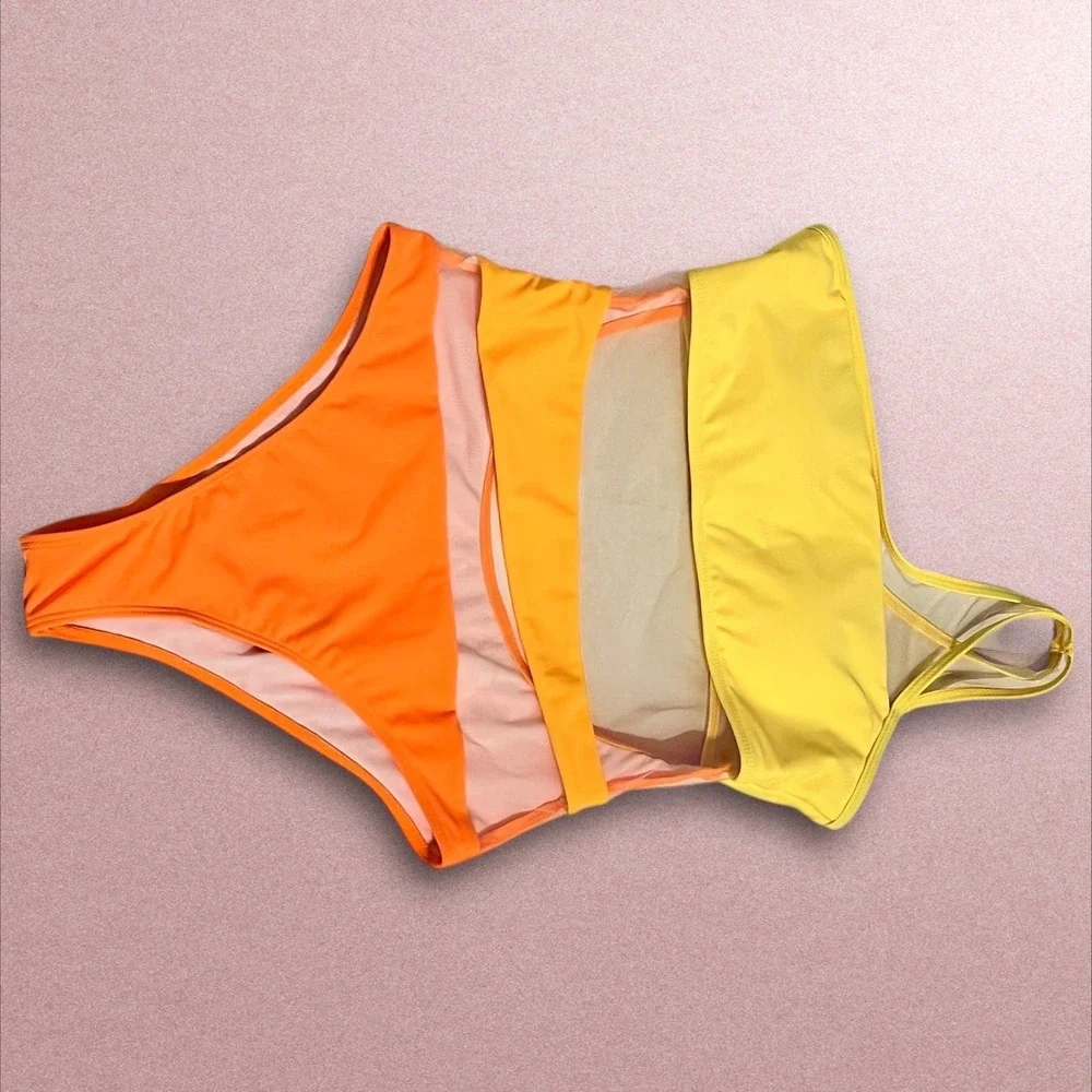 Colorblock One Shoulder Mesh‎ Cutout One Piece Swimsuit Yellow Orange High Leg L